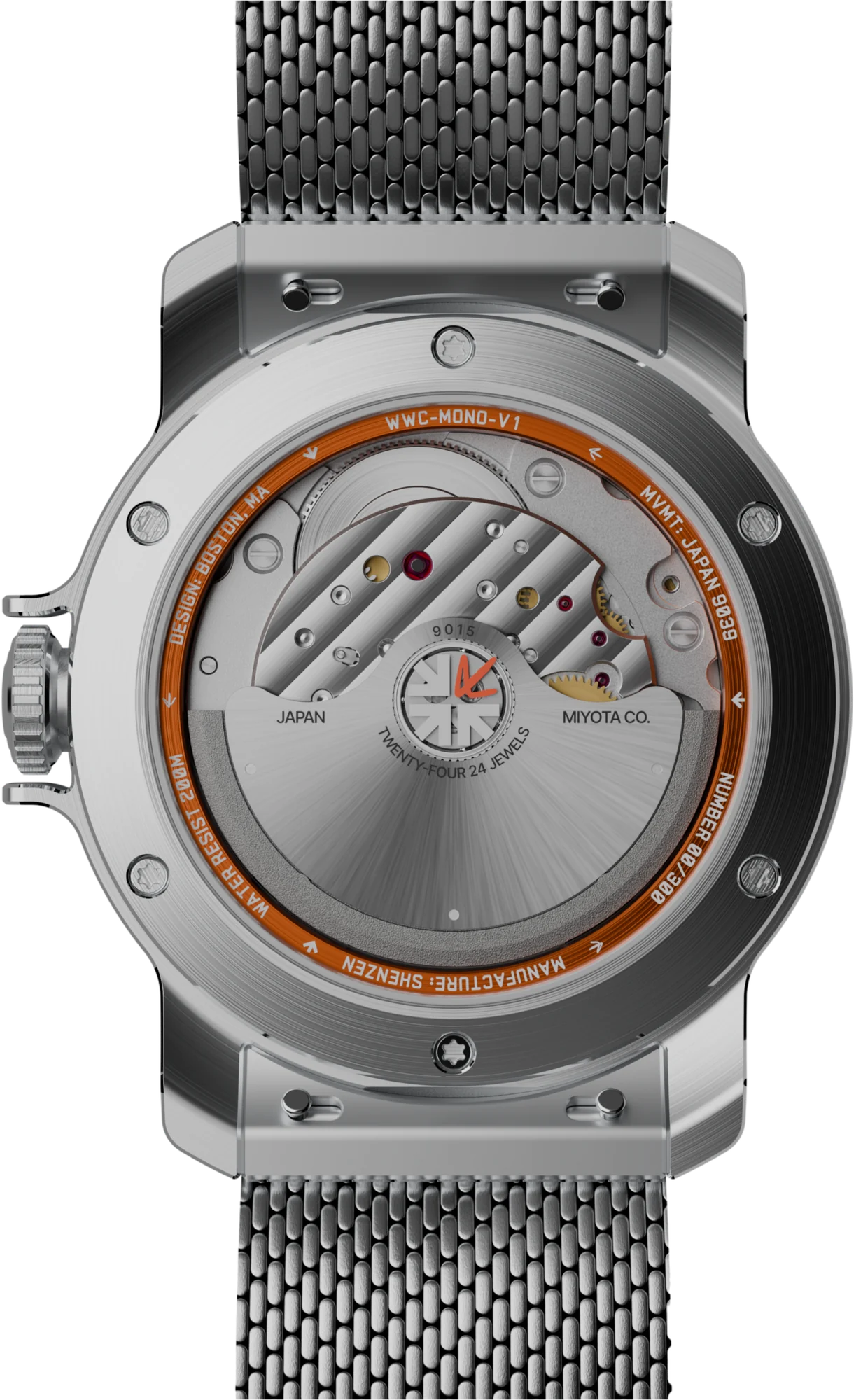 Monomatic exhibition caseback showing the Miyota automatic movement inside an orange inner ring